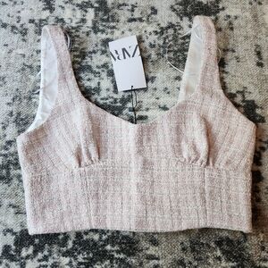 Zara Pink Textured Corset Tweed Crop Top Women's Medium Nwt
